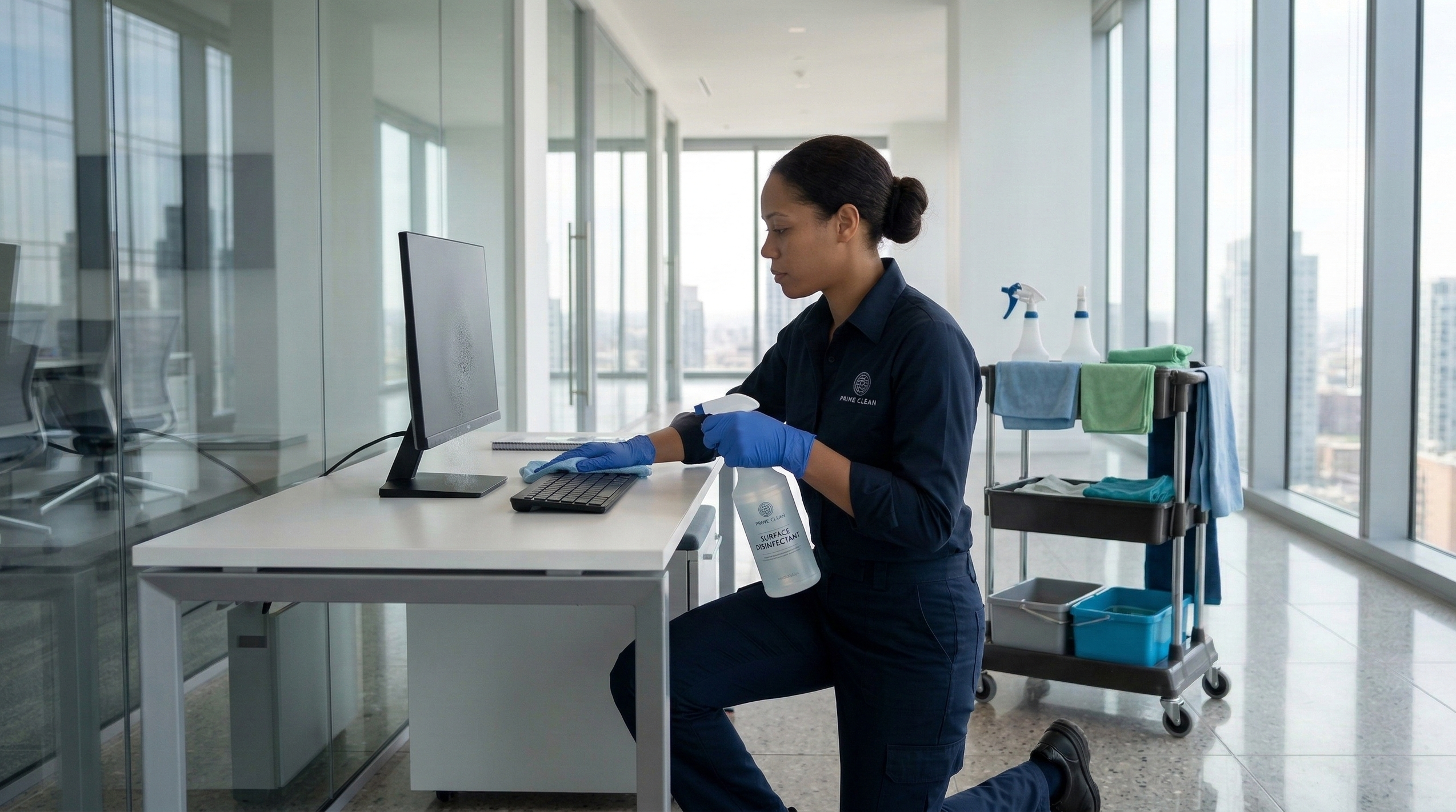 Sorgfältige Büro- und Unterhaltsreinigung eines modernen Arbeitsplatzes mit Monitor in Bonn.