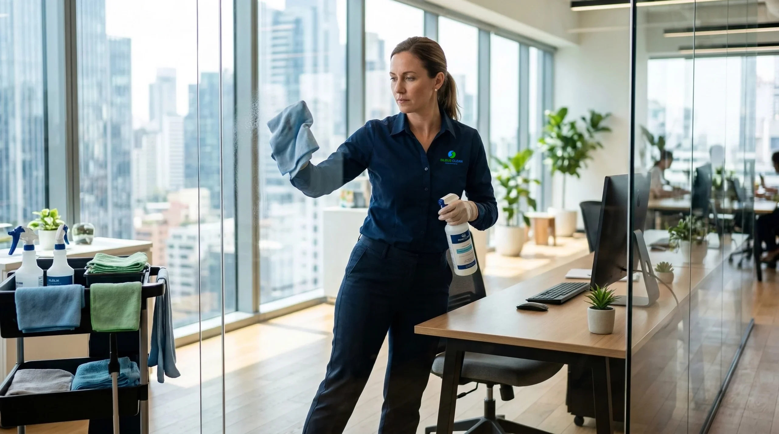 Mitarbeiterin von SILBUS CLEAN bei der professionellen Glasreinigung von Trennwänden in einem modernen Großraumbüro.