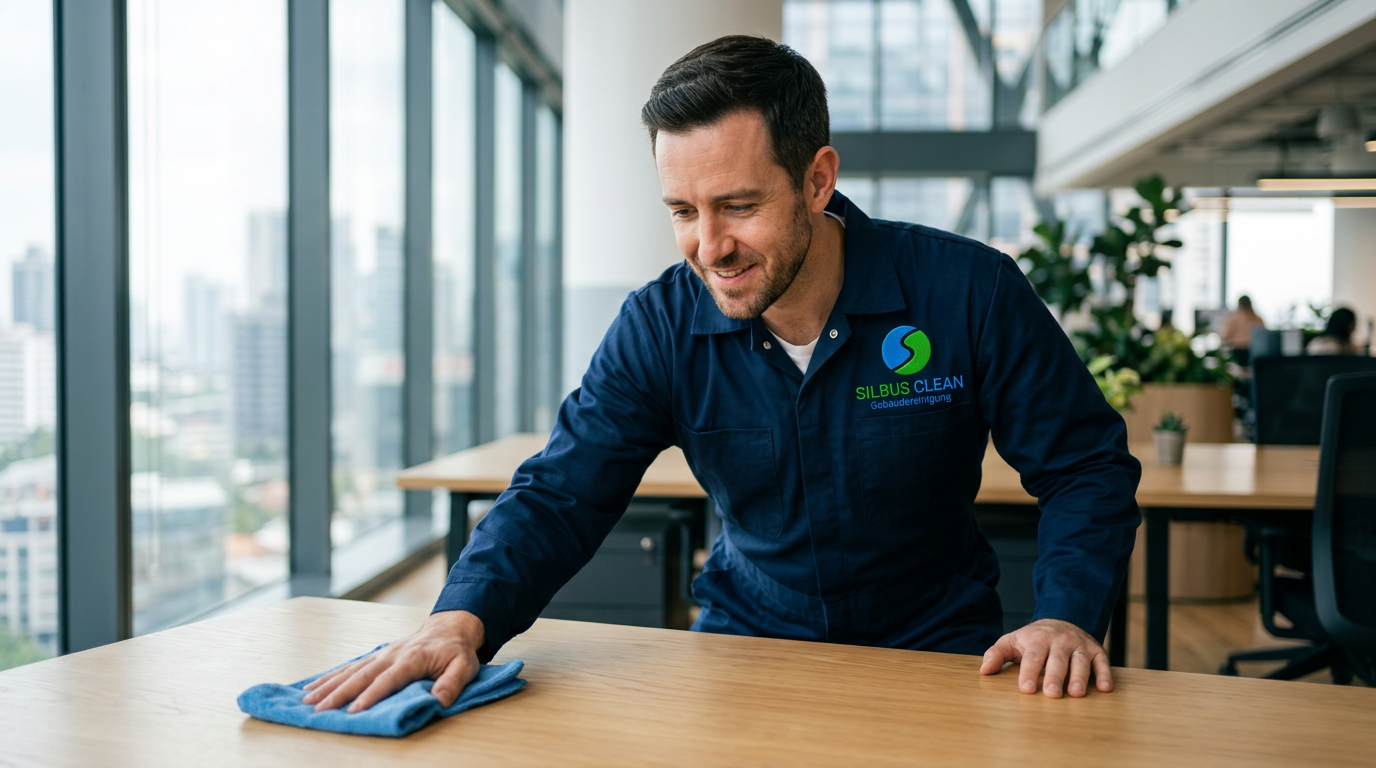 Ein freundlicher Mitarbeiter von SILBUS CLEAN wischt bei der professionellen Büroreinigung in Bonn einen Schreibtisch in einem modernen Büro.