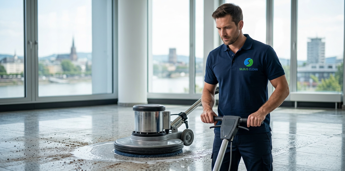 Mitarbeiter von SILBUS CLEAN bei der maschinellen Tiefenreinigung und Bodenaufbereitung in Bonn.