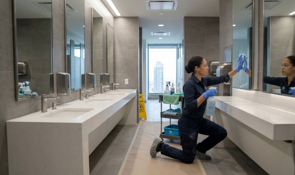 Hygienische Reinigung und Desinfektion von Waschbecken und Spiegeln in einer modernen Sanitäranlage in Bonn.