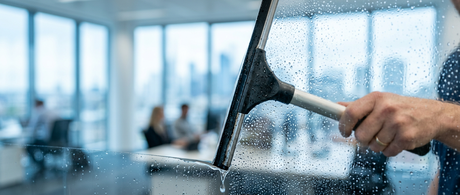 Professionelle Glas- und Gebäudereinigung in Bonn: Nahaufnahme eines Fensterabziehers im Einsatz für streifenfreie Sicht in einem modernen Büro.
