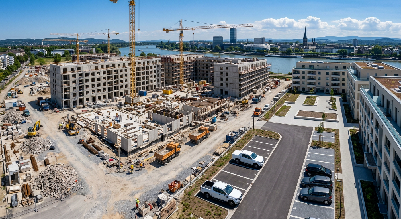 Baustelle mit Neubauten und Kränen in Bonn, Bauarbeiter und Fahrzeuge im Einsatz, Darstellung professioneller Bauendreinigung und Baufeinreinigung.