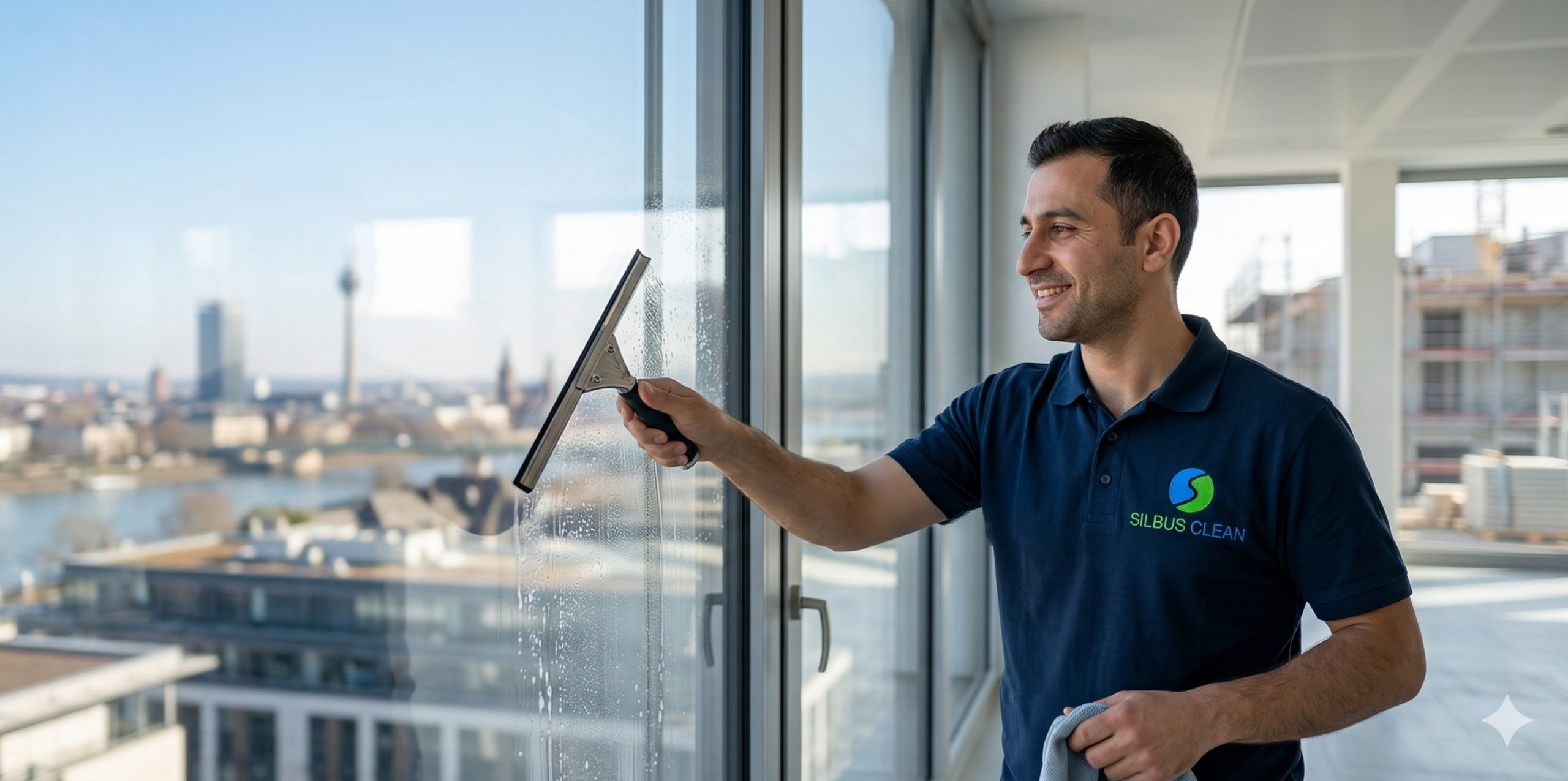 Ein Gebäudereiniger reinigt mit einem Abzieher ein Fenster in einem hellen Bürogebäude in Bonn.