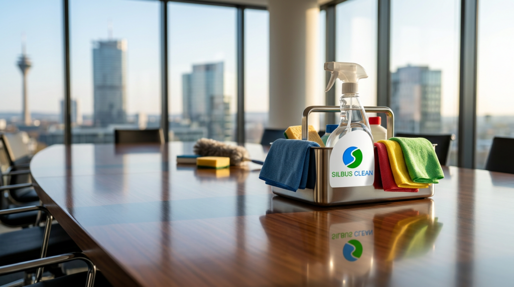 Makelloser Glanz nach der Büroreinigung: Ein perfekt polierter Konferenztisch in Bonn mit dezenter SILBUS CLEAN Branding auf einer Sprühflasche.