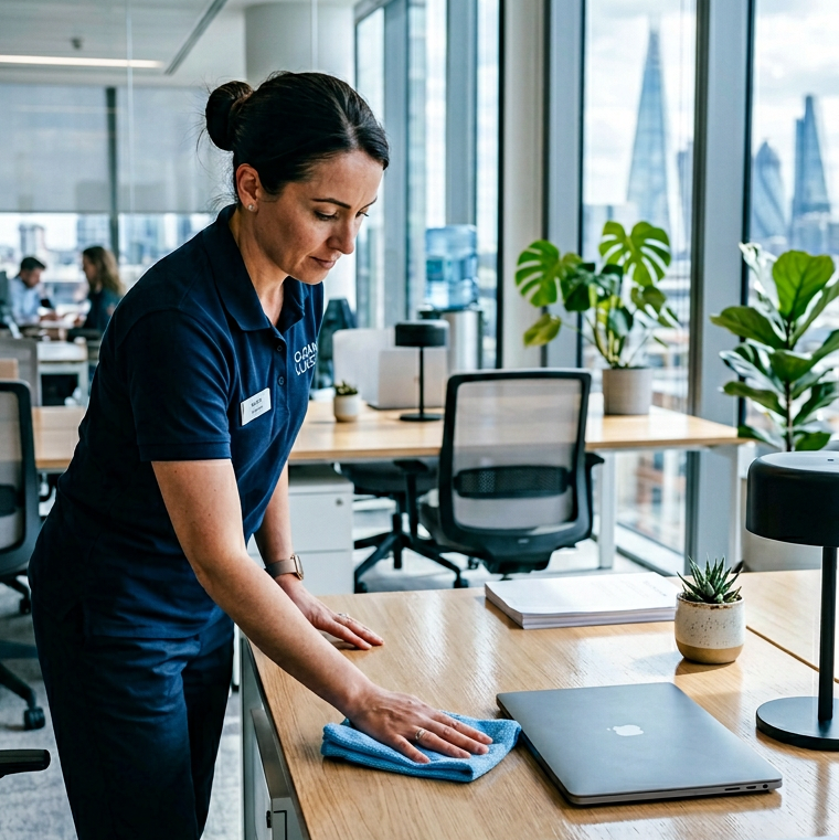 Sorgfältige Büroreinigung und Oberflächenreinigung an einem modernen Arbeitsplatz in Bonn durch SILBUS CLEAN.