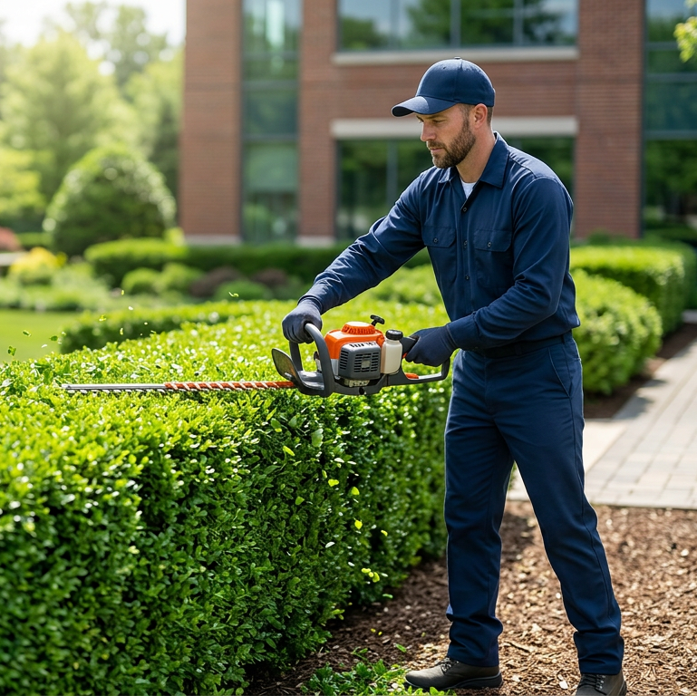 Professionelle Gartenpflege und Heckenschnitt auf einem Firmengelände in Bornheim, ohne Firmenlogos auf der Uniform.