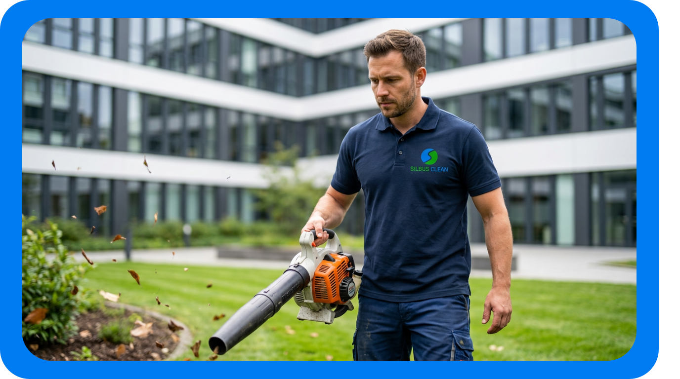 Professionelle Gartenpflege und Außenreinigung in Bonn: Ein Mitarbeiter von SILBUS CLEAN entfernt Laub mit einem Laubbläser vor einem modernen Bürogebäude.