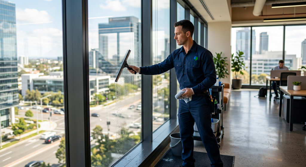 Professioneller Fensterputzer bei der Glasreinigung in einem Büro in Bonn.
