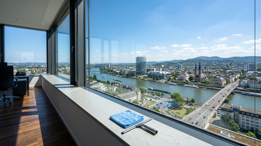 Streifenfreie Glasreinigung in Bonn: Professionelles Reinigungswerkzeug auf einer Fensterbank mit makellosem, klarem Blick über die Stadt und den Rhein.