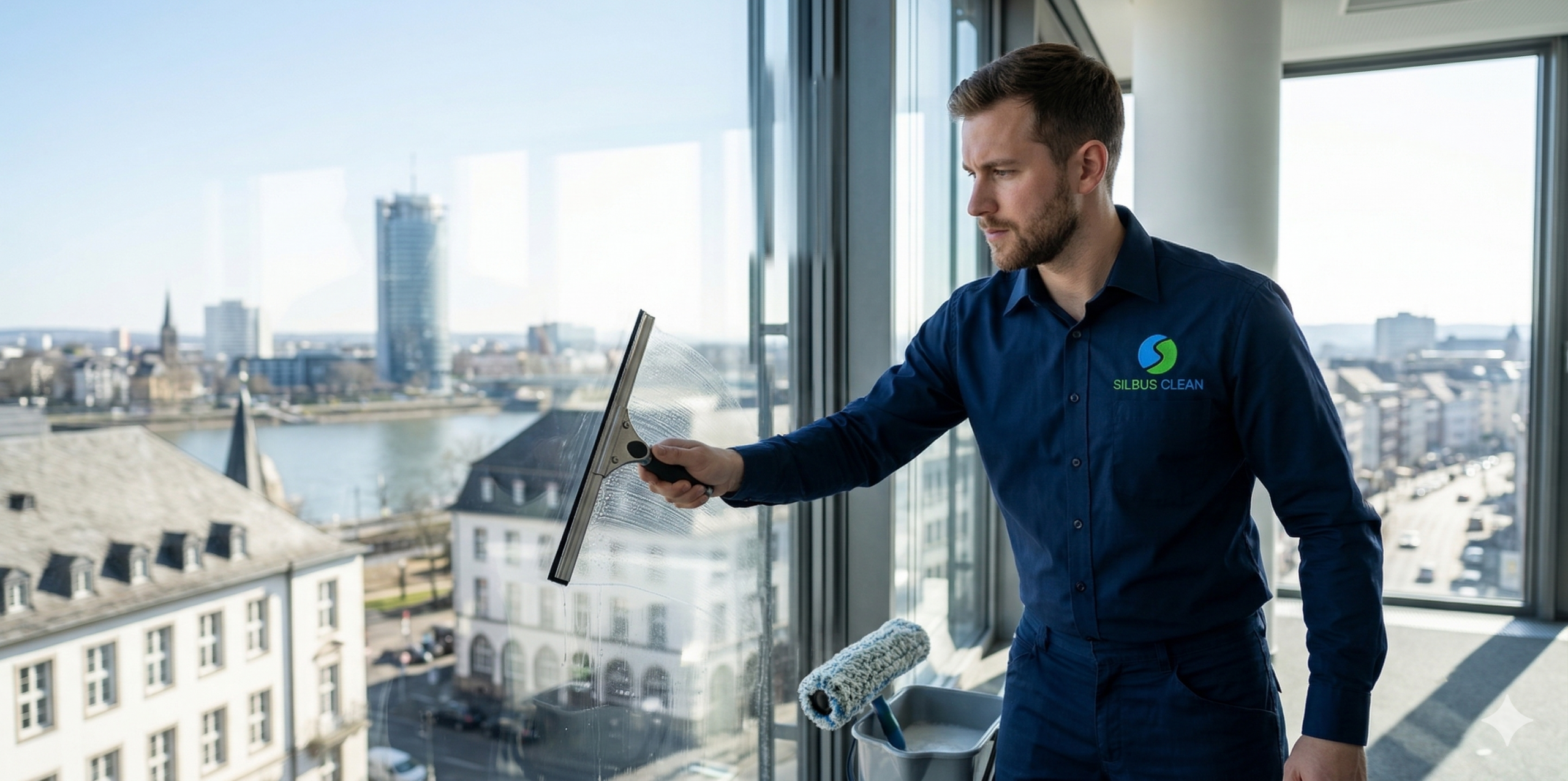 Ein professioneller Fensterputzer von SILBUS CLEAN reinigt mit einem Abzieher die großen Glasscheiben eines Bürogebäudes mit Blick auf das Bonner Stadtpanorama.