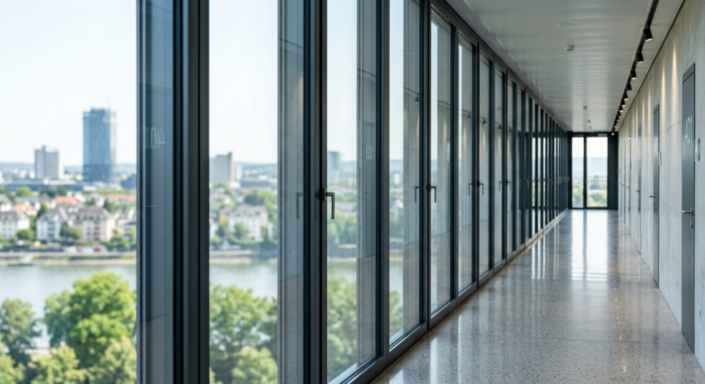 Makellos saubere und streifenfreie Glasfront in einem modernen Bürogebäude in Bonn nach einer professionellen Reinigung durch SILBUS CLEAN.