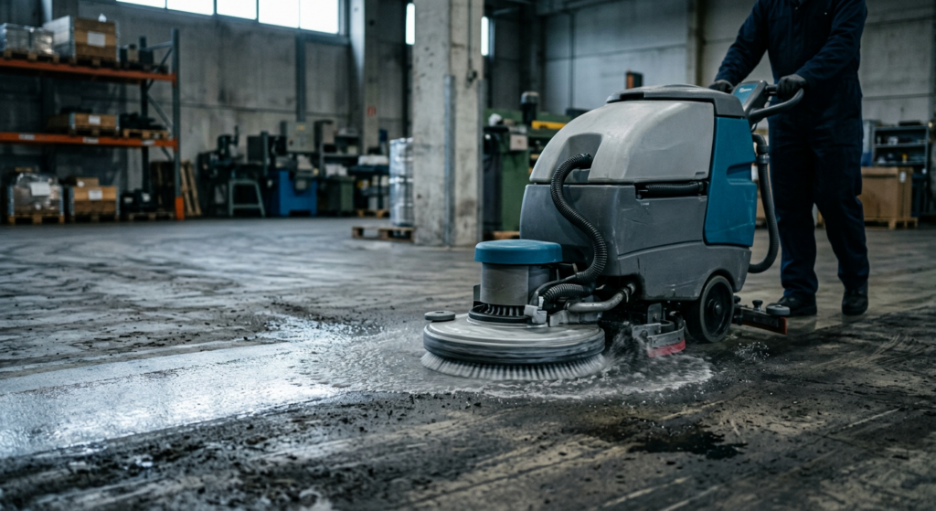 Professionelle Industriereinigung in Bonn: Ein Mitarbeiter von SILBUS CLEAN reinigt den verschmutzten Betonboden einer großen Lagerhalle mit einer modernen Scheuersaugmaschine.