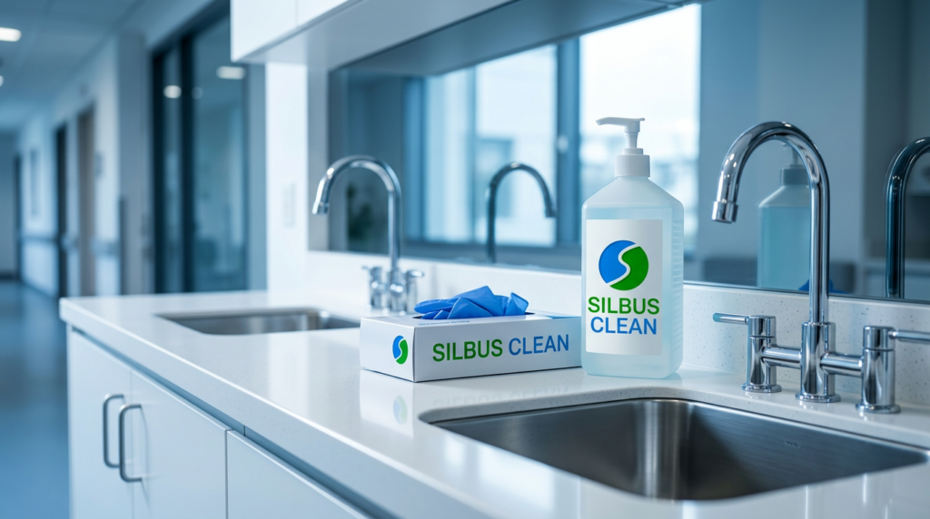 Klinische Reinheit und zertifizierte Hygiene: SILBUS CLEAN Marken-Desinfektionsmittel in einer modernen Bonner Arztpraxis.