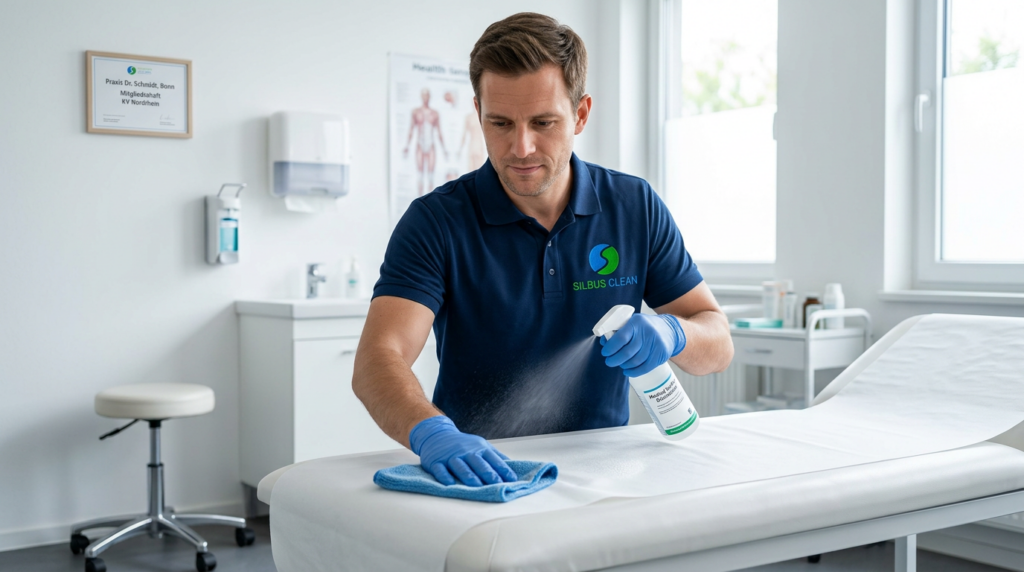 Ein kompetenter und motivierter Mitarbeiter des Bonner Reinigungsunternehmens SILBUS CLEAN sorgt für porentiefe Sauberkeit und Hygiene im Büro.