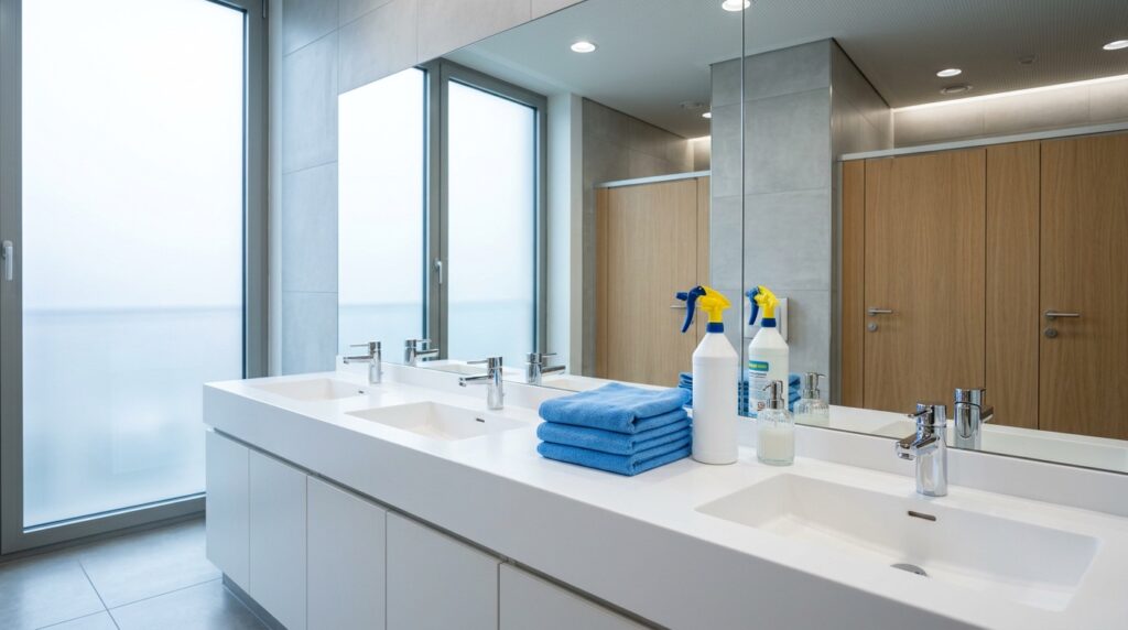 Klinisch sauberes Waschbecken in einer Bonner Arztpraxis: Detailaufnahme einer glänzenden Chromarmatur nach der professionellen Sanitärreinigung durch SILBUS CLEAN.