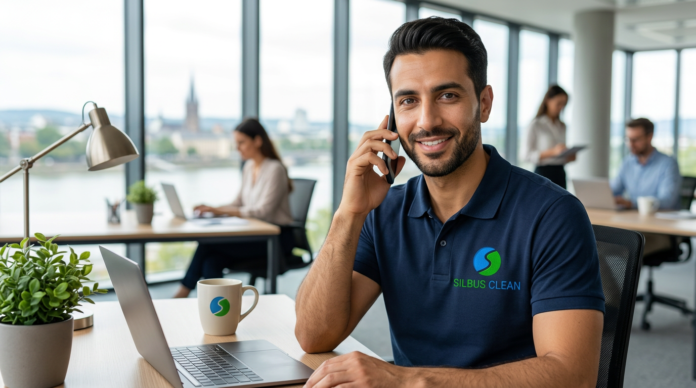 Mustafa von SILBUS CLEAN, nahöstlicher Phänotyp, am Telefon in einem Bonner Büro, bereit für Ihren Kontakt.