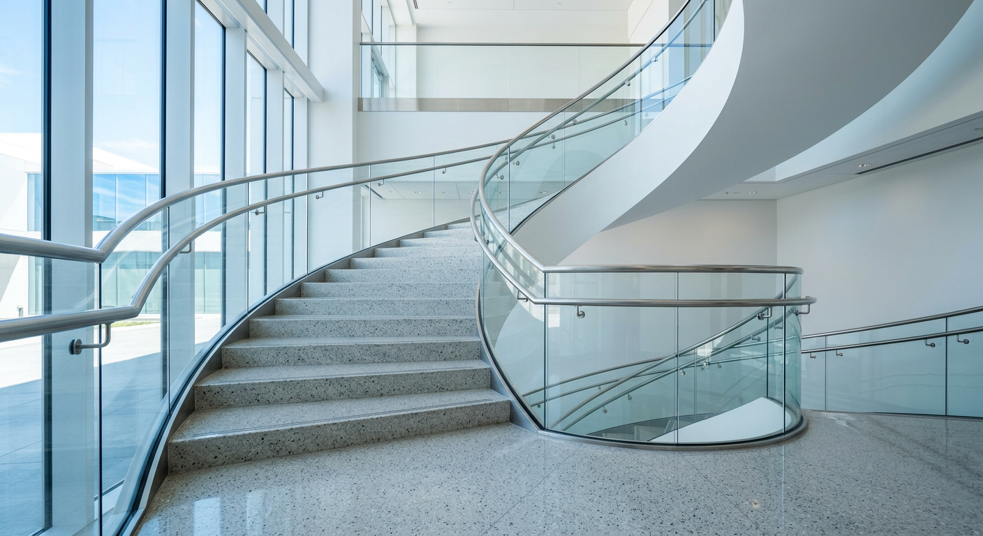 Makellos saubere Stufen und streifenfreies Glasgeländer nach der professionellen Treppenhausreinigung in einem Bonner Gebäude.