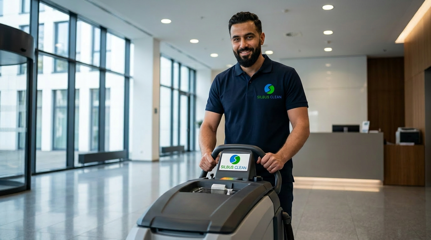 Mustafa von SILBUS CLEAN bei der fachgerechten Bedienung modernster Reinigungsmaschinen in Bonn.